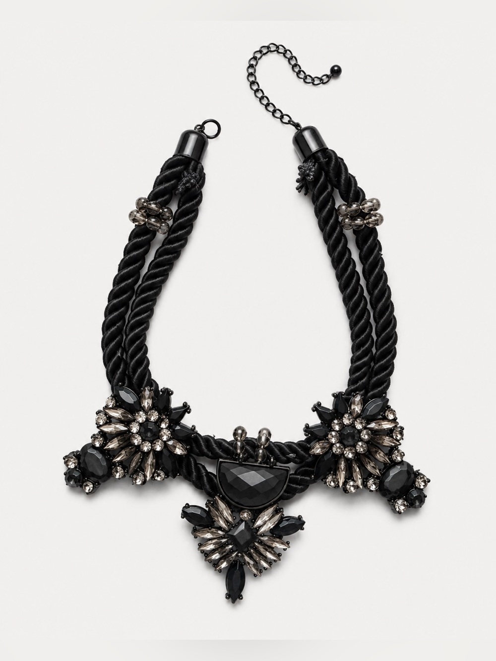 Black Rope Statement Necklace Crystal Floral Rhinestone Bib Necklace